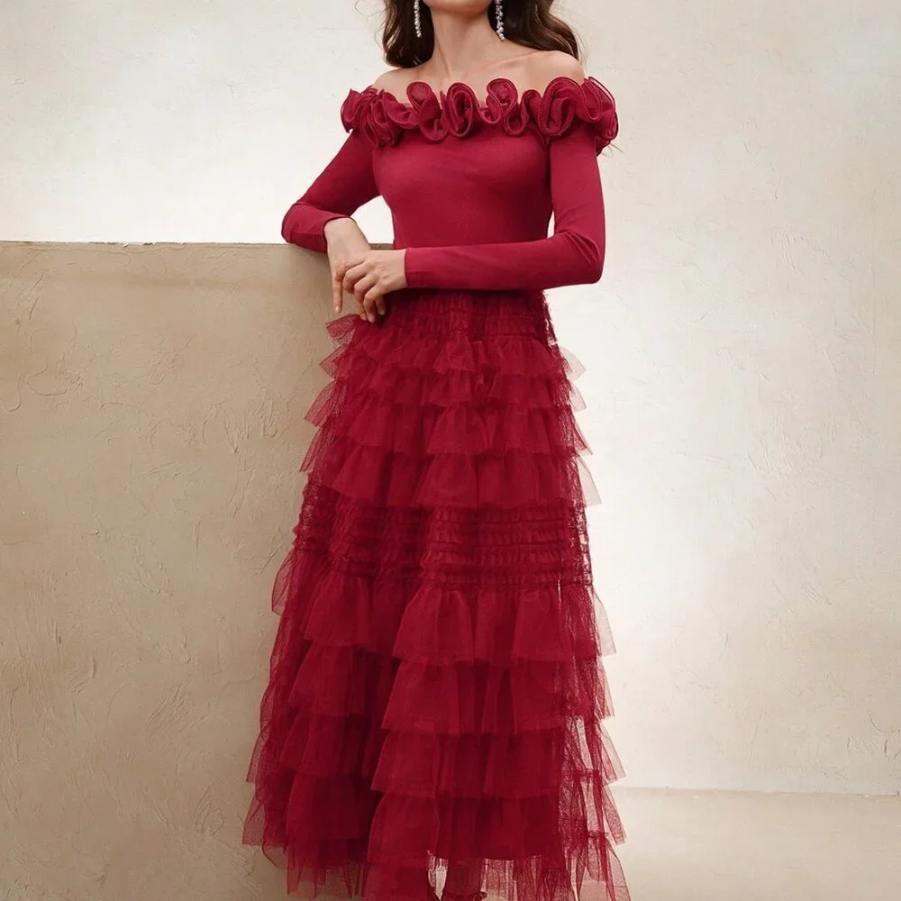 Red Chic Women's 3D Floral Long Sleeve V Neck Bodycon Party Dress - Picture 3 of 7